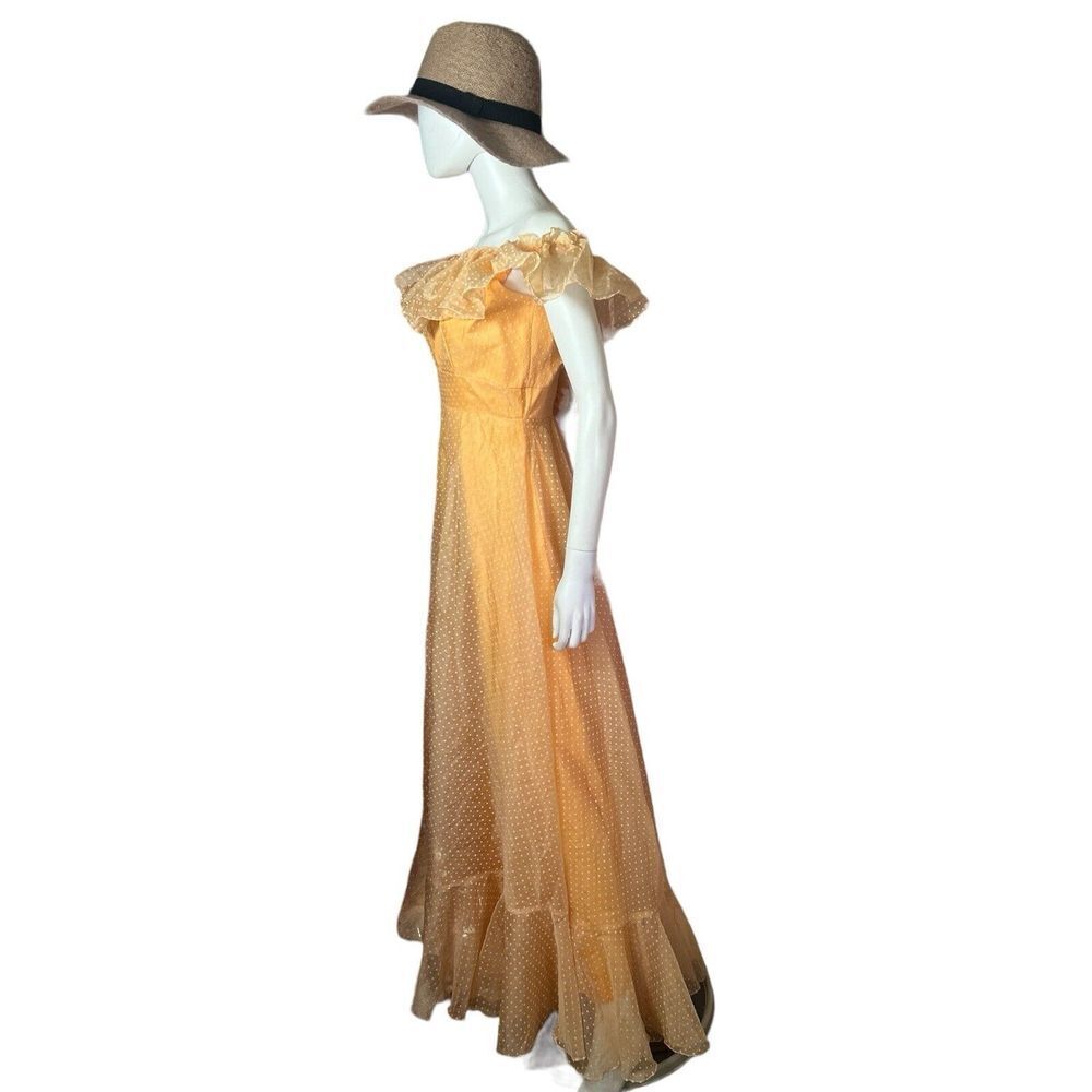 Vtg 1960s Orange Polka Dot Chiffon Ruffle Maxi Prairie Dress sz 10‎ - Picture 4 of 11